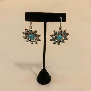 Teal and Silver Flower Statement Earrings